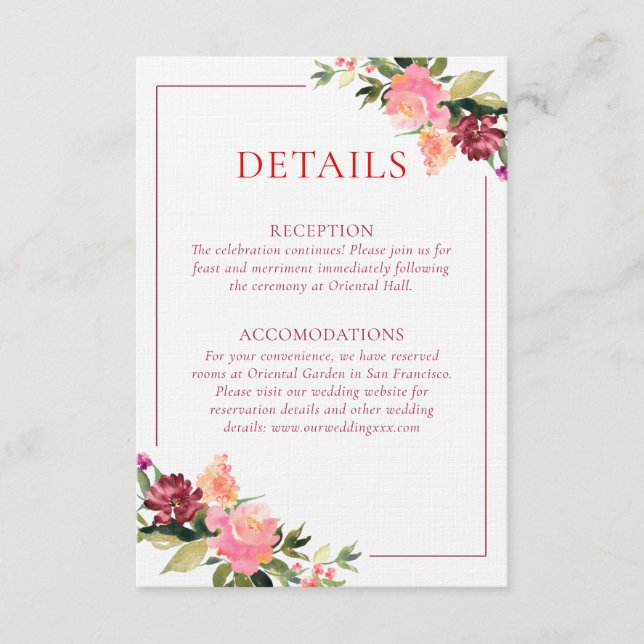 Tarjeta De Recepción Detalles de boda de doble felicidad de flores de a (Anverso)