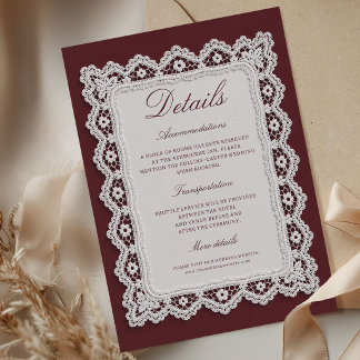 Tarjeta De Recepción Detalles de boda de encaje antiguo burgundy