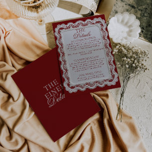 Tarjeta De Recepción Detalles de Boda de Encaje de Borgoña Old Money