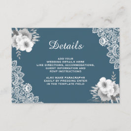 Tarjeta De Recepción Detalles de Boda de Encaje Floral Azul Elegante