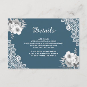 Tarjeta De Recepción Detalles de Boda de Encaje Floral Azul Elegante