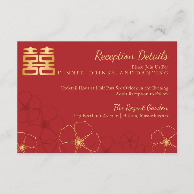 Tarjeta De Recepción Detalles de Boda de Flor de Cerezo Roja Dorada (Anverso)