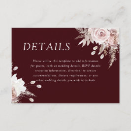 Tarjeta De Recepción Detalles de Boda de Floral Rosa Divino Burgundy Pr