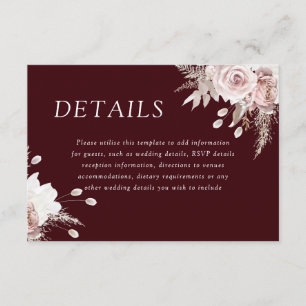 Tarjeta De Recepción Detalles de Boda de Floral Rosa Divino Burgundy Pr