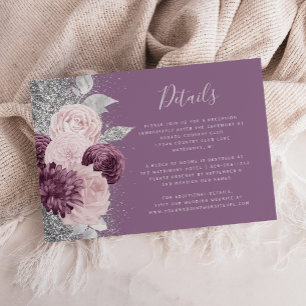 Tarjeta De Recepción Detalles de Boda de Floral Rosa Malva Plateado