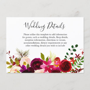 Tarjeta De Recepción Detalles de Boda de Flores Borgoña Boho Primavera 