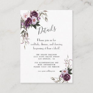 Tarjeta De Recepción Detalles de boda de flores moradas rosadas acuarel