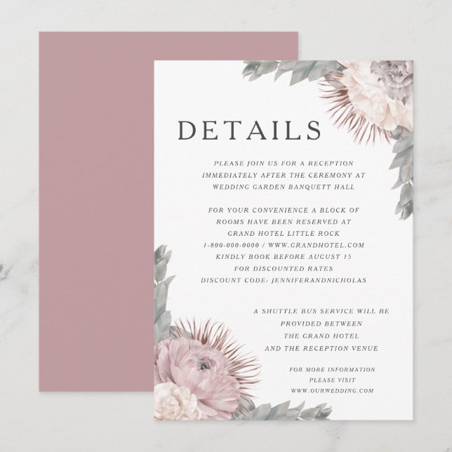 Tarjeta De Recepción Detalles de Boda de Flores Secas Rosadas (Anverso / Reverso)