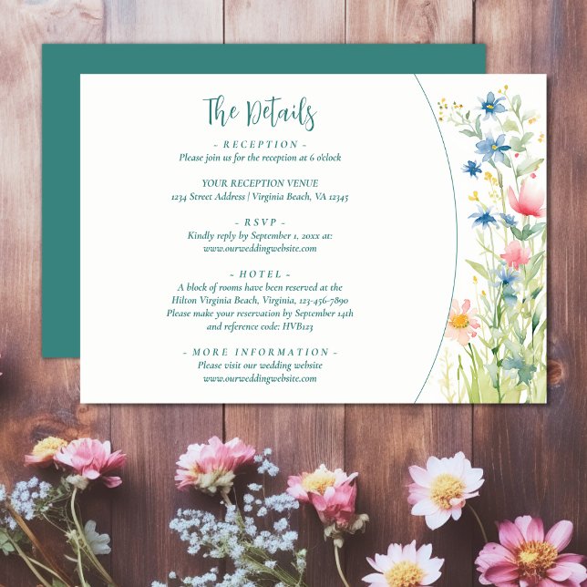 Tarjeta De Recepción Detalles de Boda de Flores Silvestres con Acuarela (Pretty Watercolor Wildflowers Wedding Details Enclosure Card)