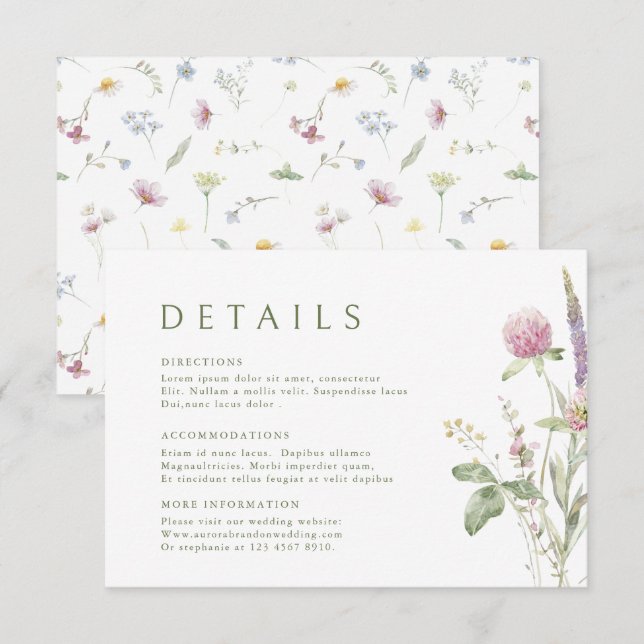 Tarjeta De Recepción Detalles de Boda de Flores Silvestres Pastel Suave (Anverso / Reverso)