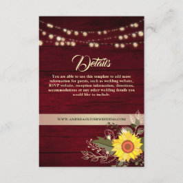Tarjeta De Recepción Detalles de Boda de Girasoles al Sol del Campo Rús