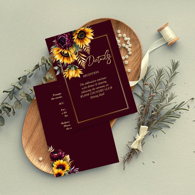 Tarjeta De Recepción Detalles de boda de girasoles borgoña de verano ot (Fall summer burgundy sunflowers wedding details enclosure card rustic wedding invitations)