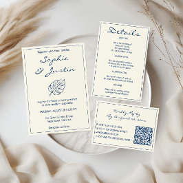 Tarjeta De Recepción Detalles de Boda de Hoja Tropical Azul Elegante