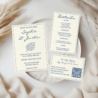 Tarjeta De Recepción Detalles de Boda de Hoja Tropical Azul Elegante