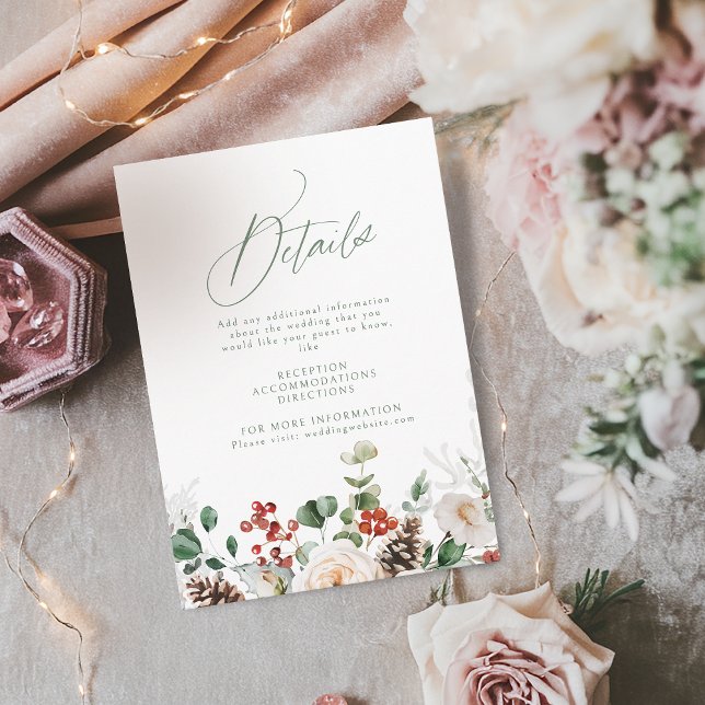 Tarjeta De Recepción Detalles de Boda de Invierno con Flores Festivas (Festive Floral Holiday Winter Wedding Details Enclosure Card)