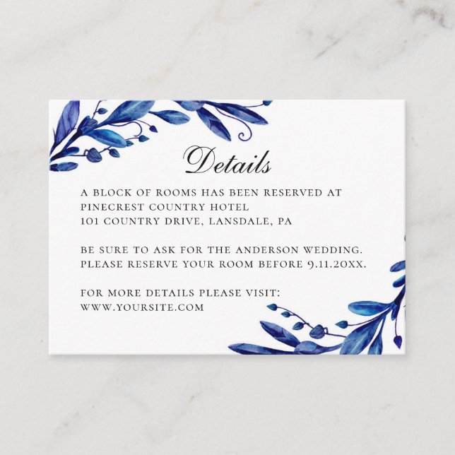 Tarjeta De Recepción Detalles de boda de invierno floral azul acuarela (Anverso)