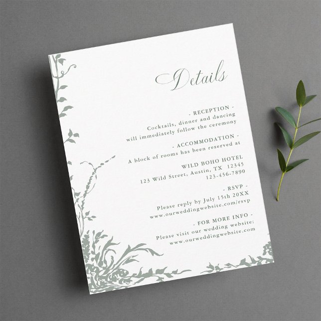Tarjeta De Recepción Detalles de Boda de Jardín Floral Romántico Verde  (Subido por el creador)