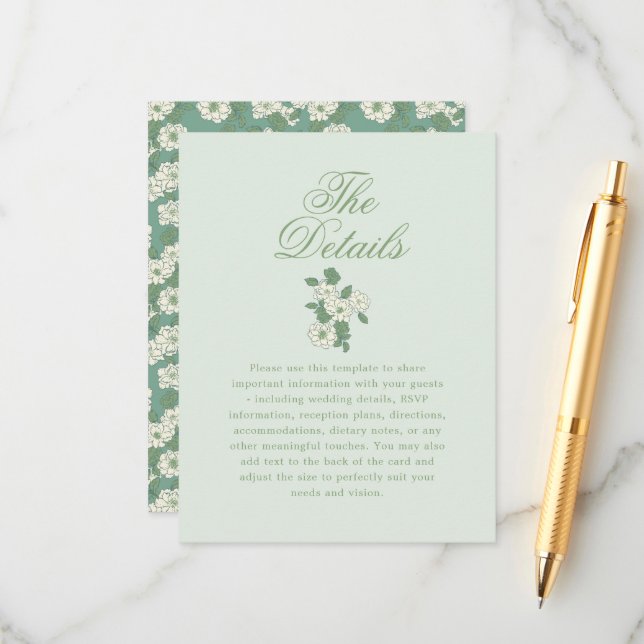 Tarjeta De Recepción Detalles de Boda de Jardín Verde Salvia Chinoiseri (Anverso/Reverso In Situ)