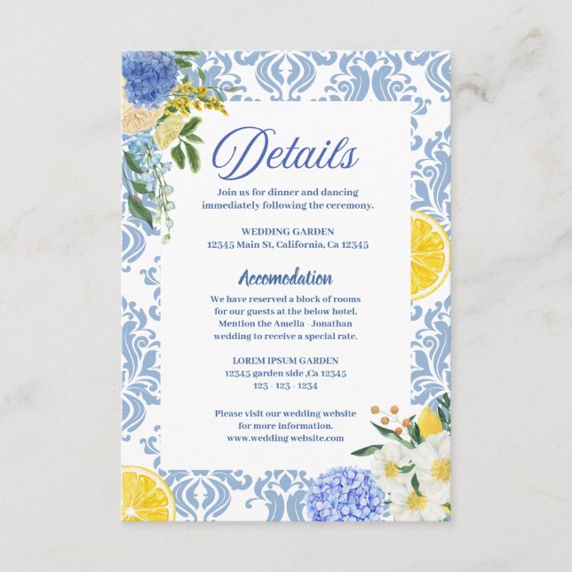 Tarjeta De Recepción Detalles de boda de limón mediterráneo de verano (Anverso)