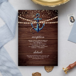 Tarjeta De Recepción Detalles de Boda de Madera Rústica con Ancla Azul