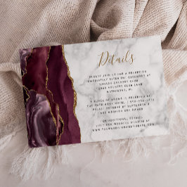 Tarjeta De Recepción Detalles de Boda de Mármol Burgundy Moderno Dorado
