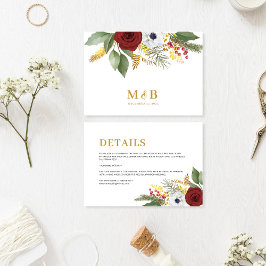 Tarjeta De Recepción Detalles de boda de monograma floral rojo dorado e