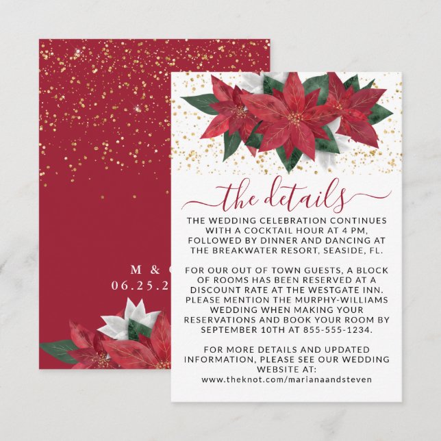 Tarjeta De Recepción Detalles de boda de Navidad elegante con poinsetti (Anverso / Reverso)