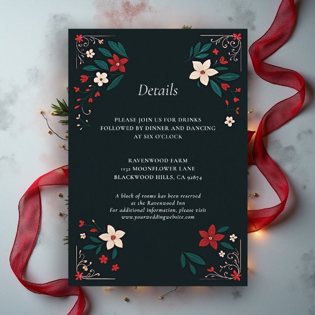 Tarjeta De Recepción Detalles de Boda de Navidad Mexicana Rústica Elega (mexican wedding details card christmas theme floral botanical frame poinsettias red white black)