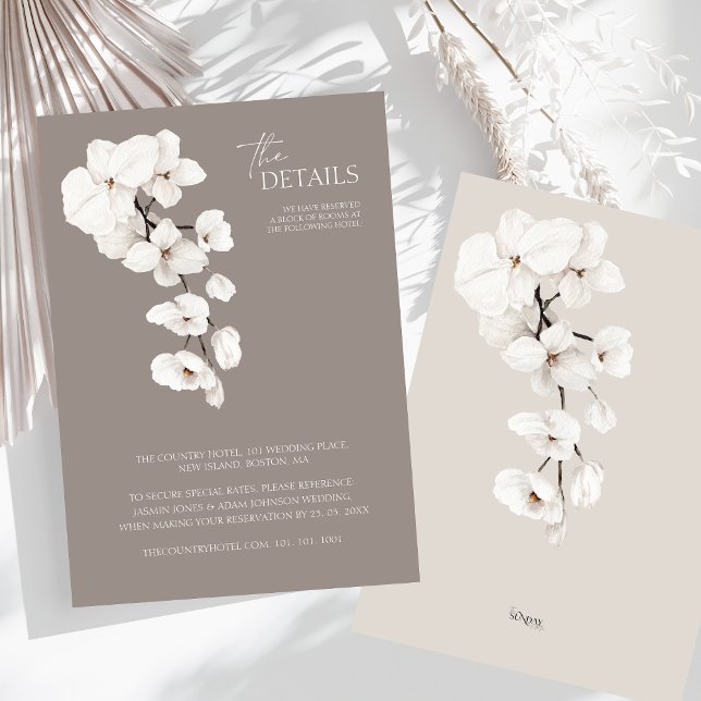 Tarjeta De Recepción Detalles de Boda de Orquídea Blanca Gris Moderna (Modern Gray White Orchids Wedding Details Enclosure Card)