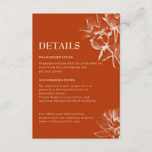 Tarjeta De Recepción Detalles de boda de otoño en terracota quemada nar