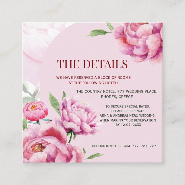 Tarjeta De Recepción Detalles de Boda de Peonía para Boda  (Anverso)