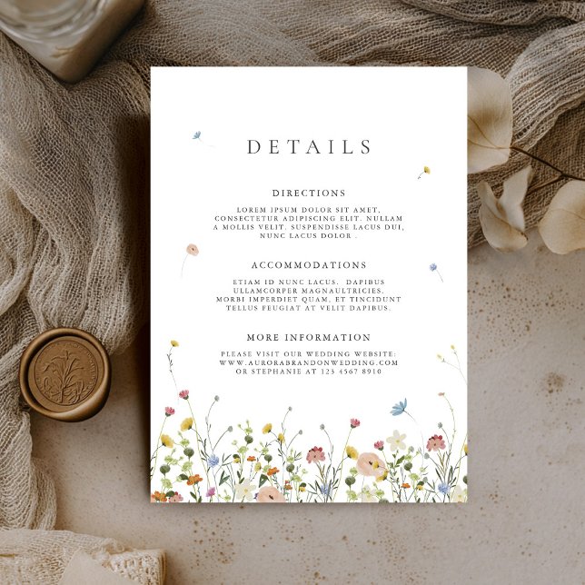 Tarjeta De Recepción Detalles de Boda de Pradera de Flores Silvestres d (Colorful Spring Wildflower Meadow Wedding Details Enclosure Card)