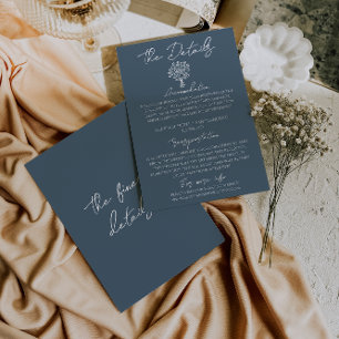 Tarjeta De Recepción Detalles de Boda de Ramillete Floral Azul Boho Mar