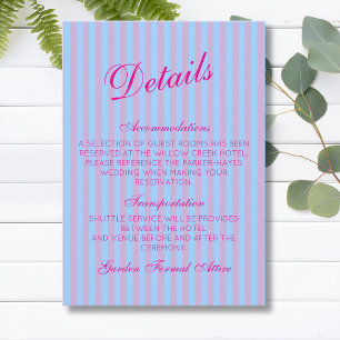 Tarjeta De Recepción Detalles de Boda de Raya Rosa Azul Rosa Retro Rosa
