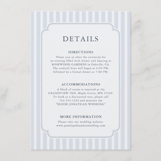 Tarjeta De Recepción Detalles de Boda de Rayas Clásicas Modernas en Azu (Anverso)