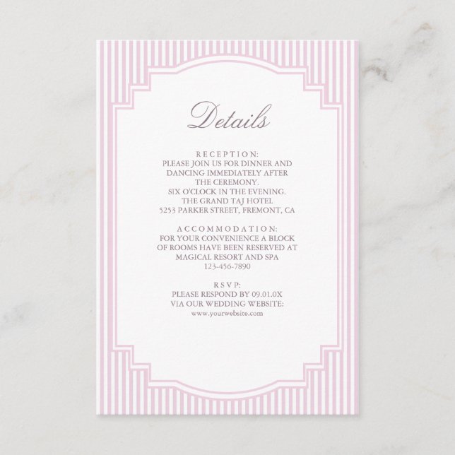 Tarjeta De Recepción Detalles de Boda de Rayas Lavanda Pastel (Anverso)