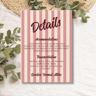 Tarjeta De Recepción Detalles de Boda de Rayas Rosadas Retro Borgoña