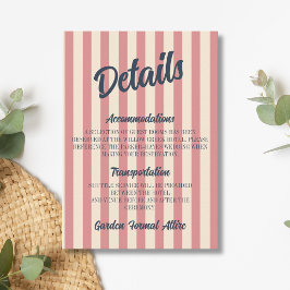 Tarjeta De Recepción Detalles de boda de rayas rosadas y azul marino re