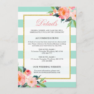 Tarjeta De Recepción Detalles de Boda de Rayas Verdes Menta Florales Do