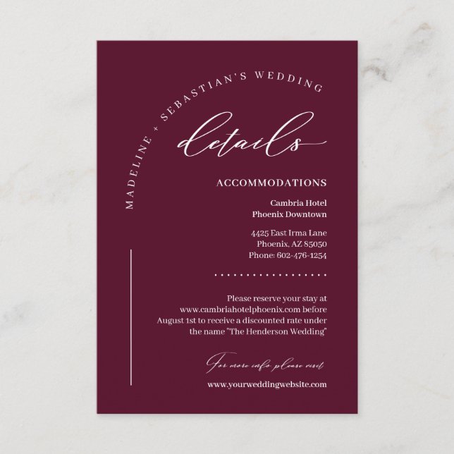 Tarjeta De Recepción Detalles de Boda de Romance Profundo de Borgoña (Anverso)