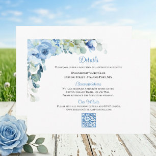 Tarjeta De Recepción Detalles de Boda de Rosas Acuarela Azul Floral