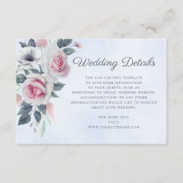 Tarjeta De Recepción Detalles de boda de rosas acuarela románticas azul