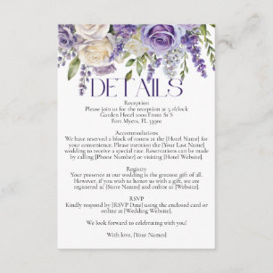 Tarjeta De Recepción Detalles de Boda de Rosas Blancas Lila Púrpura Ele