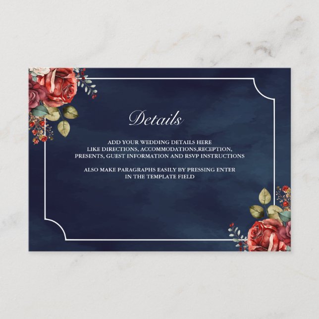Tarjeta De Recepción Detalles de Boda de Rosas Rojas Florales Azul Mari (Anverso)