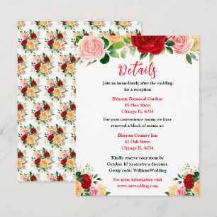 Tarjeta De Recepción Detalles de Boda de Rosas Rojas y Naranjas Románti