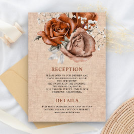 Tarjeta De Recepción Detalles de boda de terracota de rosa de arpillera