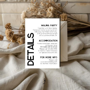 Tarjeta De Recepción Detalles de boda de tipografía blanca minimalista