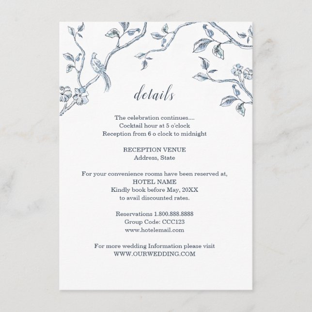 Tarjeta De Recepción Detalles de boda de Toile Francesa azul y blanca (Anverso)