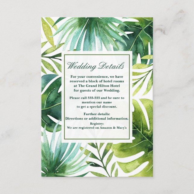Tarjeta De Recepción Detalles de boda de verano hawaiano de hojas tropi (Anverso)