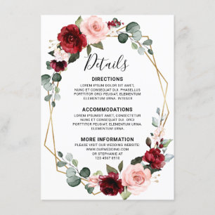 Tarjeta De Recepción Detalles de Boda de Vino Tinto Azul Polvo Pizarra